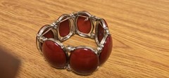 Red Oval Plastic Stone Silver Tone Metal Flex Stretchy Bracelet Adjustable Flaw