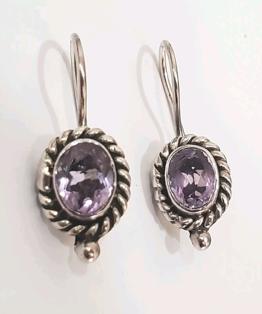 Vintage 925 Sterling Silver & Oval Faceted Good Quality Amethyst Earrings