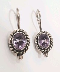 Vintage 925 Sterling Silver & Oval Faceted Good Quality Amethyst Earrings