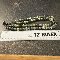 DOUBLE STRAND SHADES OF GREEN BEAD NECKLACE WITH PLASTIC CRYSTAL ACCENTS