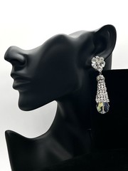 Vtg-CLEAR Rhinestone-Floral-AURORA BOREALIS-Dangle-Clip-on EARRINGS-Pat Pending