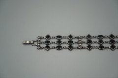 Vintage Geometric Black/Silver Tone Set-Enamel Earrings-Glass Onyx Bracelet