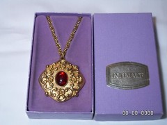 …Revlon Gold Tone,Red Glass Cab “Intimate” Perfume Locket Pendant Necklace…