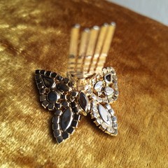Vtg Weiss Signed Butterfly Hair Comb Mid-century Goldtone Base Blue Rhinestones