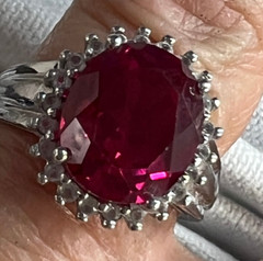 RUBY 12mm x 10mm & WHITE TOPAZ Sterling Silver 0.925 Vintage band RING size 6.75