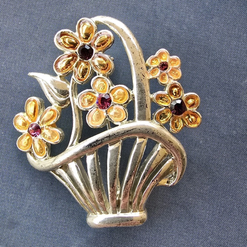 AAi Flower Basket Brooch Enamel Rhinestone Silver Tone Spring Signed 1.75 Inches