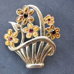AAi Flower Basket Brooch Enamel Rhinestone Silver Tone Spring Signed 1.75 Inches
