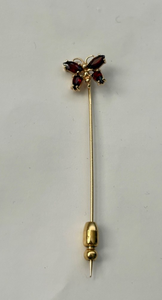 Vintage 14k Yellow Gold 4 Garnet Gems Butterfly Stick Pin Lapel Brooch