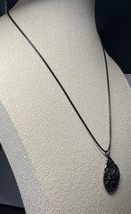 Vintage Gothic Silvertone Scrollwork Teardrop Pendant On Cord Necklace