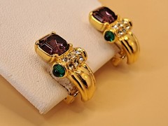 VTG Nolan Miller Clip On Earrings Gold Tone Purple Green Retro Glam Dynasty