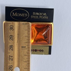 VTG Monet 80s 90s Square Orange Lucite Gold Tone Pierced Earrings New Old Stock