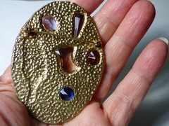 1970’s Modernist brooch pin texture gold tone 5 Multicolor multifacet Cabochons