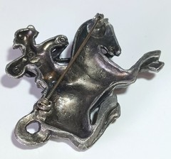Vintage Pewter? Brooch: Medieval Soldier Blowing Horn on Galloping Horse