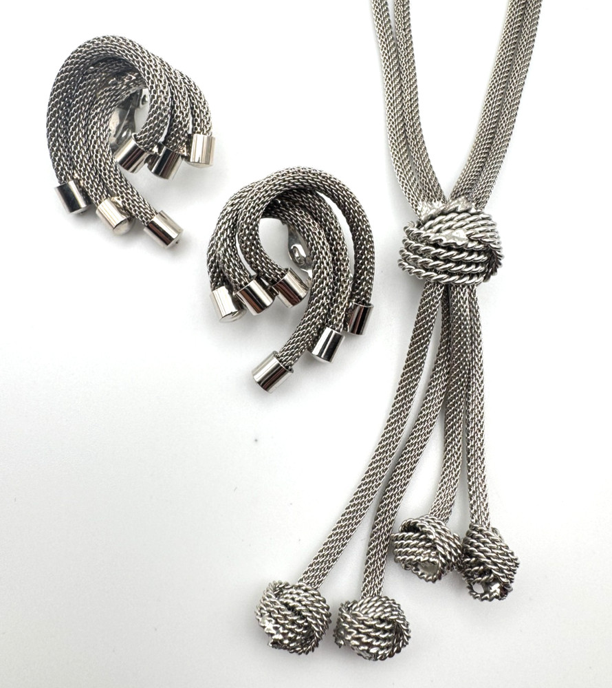 Vintage Mesh Necklace Earring Set Tassel Silver Tone Knot Lariat Clip On