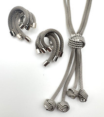 Vintage Mesh Necklace Earring Set Tassel Silver Tone Knot Lariat Clip On
