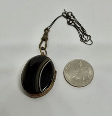 Victorian Double Sided Oval Banded Agate & Agate Locket Pendant Necklace 18”
