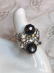 Vintage Silver Tone Adjustable Ring Clear Crystals Black Faceted Round Beads 7″