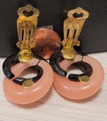 Vintage costume jewelry clip on BLACK & PINK EARRINGS NEW OLD STOCK 1970s 1980s