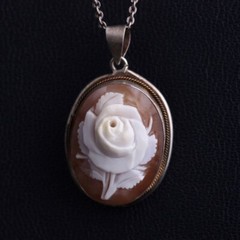 Vintage Silver 835 Necklace with Rose Carving Handcrafted Shell Pendant 1930s