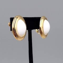 Vintage Napier Clip on Earrings Gold Plated White Cabochon 1 1/8″