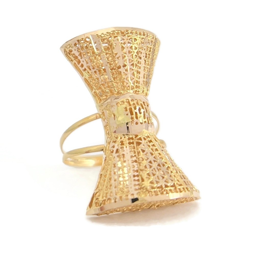 Vintage Long Filigree Bow Statement Ring 19K Yellow Gold, 5.32 Grams