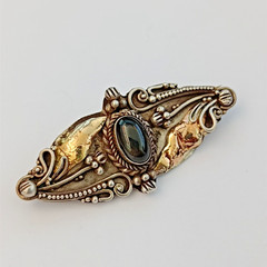 Vintage Silver 22K Gold Brooch Black Stone Floral Romantic Art Nouveau Revival