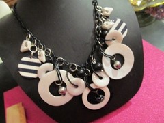 1980s Lucite & Metal Disk Charms Bells Glass Beads Necklace Black Enamel Chain