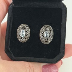 Vintage 925 Sterling Silver Blue Topaz & Marcasite Oval Pierced Stud Earrings