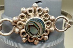 Vintage Mexico 925 Sterling Silver Abalone Shell Sunburst Bangle Bracelet 22.2g