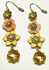 Vintage Gold Dangling Earrings Lilac Faceted Gems, Enamel Flowers, Glass Pearls