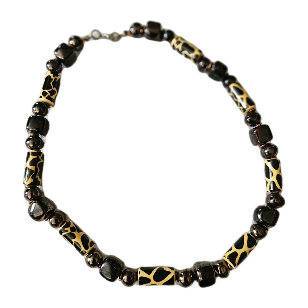 Black Yellow Safari Pattern Bead Necklace Tribal Style Mixed Beads
