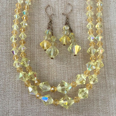 Vintage Yellow Aurora Borealis Crystal Necklace and Dangle Earrings Set