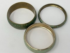 Boho Vintage Style Teal Green Embossed Brass Bangle Bracelet Mixed Set (3) Stack