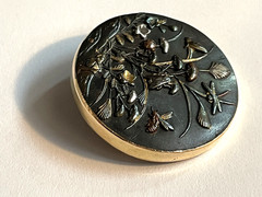 Antique 19th C Japanese Shakudo Inlay Brooch Pin With 18K Yellow Gold Frame