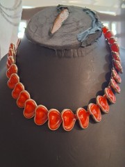 Vintage red celluloid stylized leaf abstract necklace, 16″, articulated