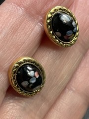 Vintage Colorful Black Lucite Cabochon Gold Tone Metal Earrings