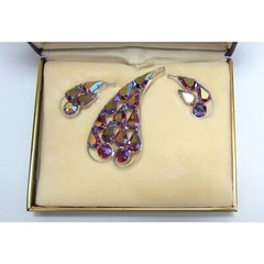 Vintage Pink Iridescent Rhinestone Brooch with Matching Earrings by B. David