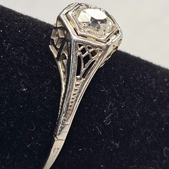 Antique Belais 18K White Gold Art Deco Ring Elongated Old Mine Cut Diamond