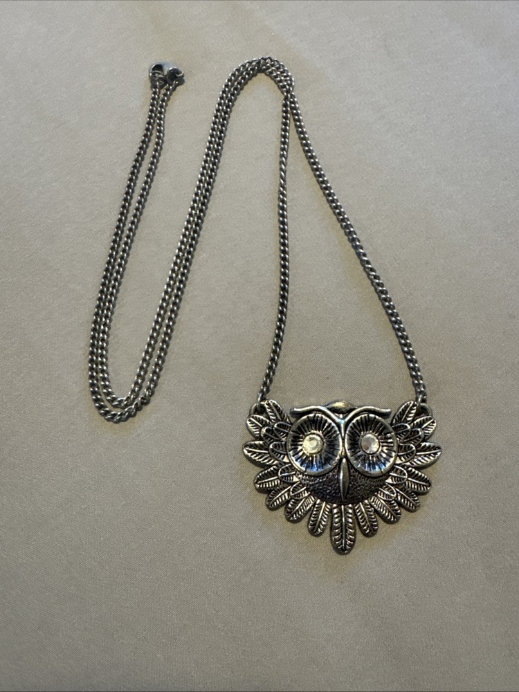 Vintage Silver Tone Necklace with Black Acrylic Rhinestones and Owl Pendant