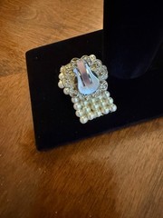 Vtg 1950s Faux Pearl Clear Rhinestone Baguette Plaque Shield Clip On Earrings
