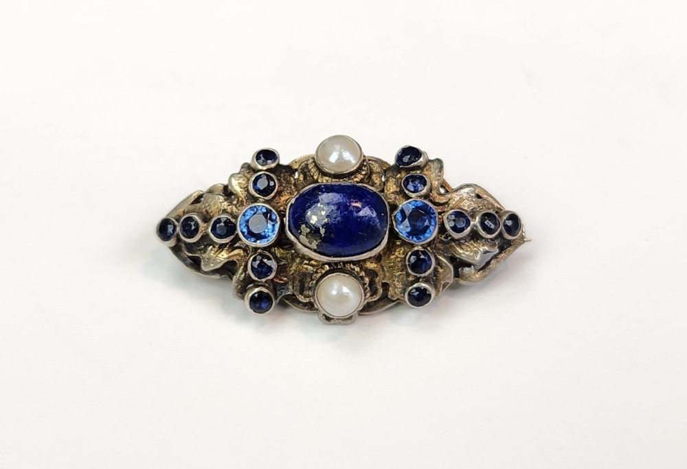 Antique Vtg 800 SILVER Austro Hungarian Lapis Gemstone SMALL Brooch Signed KT