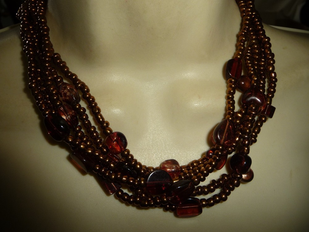 BROWN MURANO GLASS & COPPER TONE BEADS 5 STRANDS BIB NECKLACE #7/23A