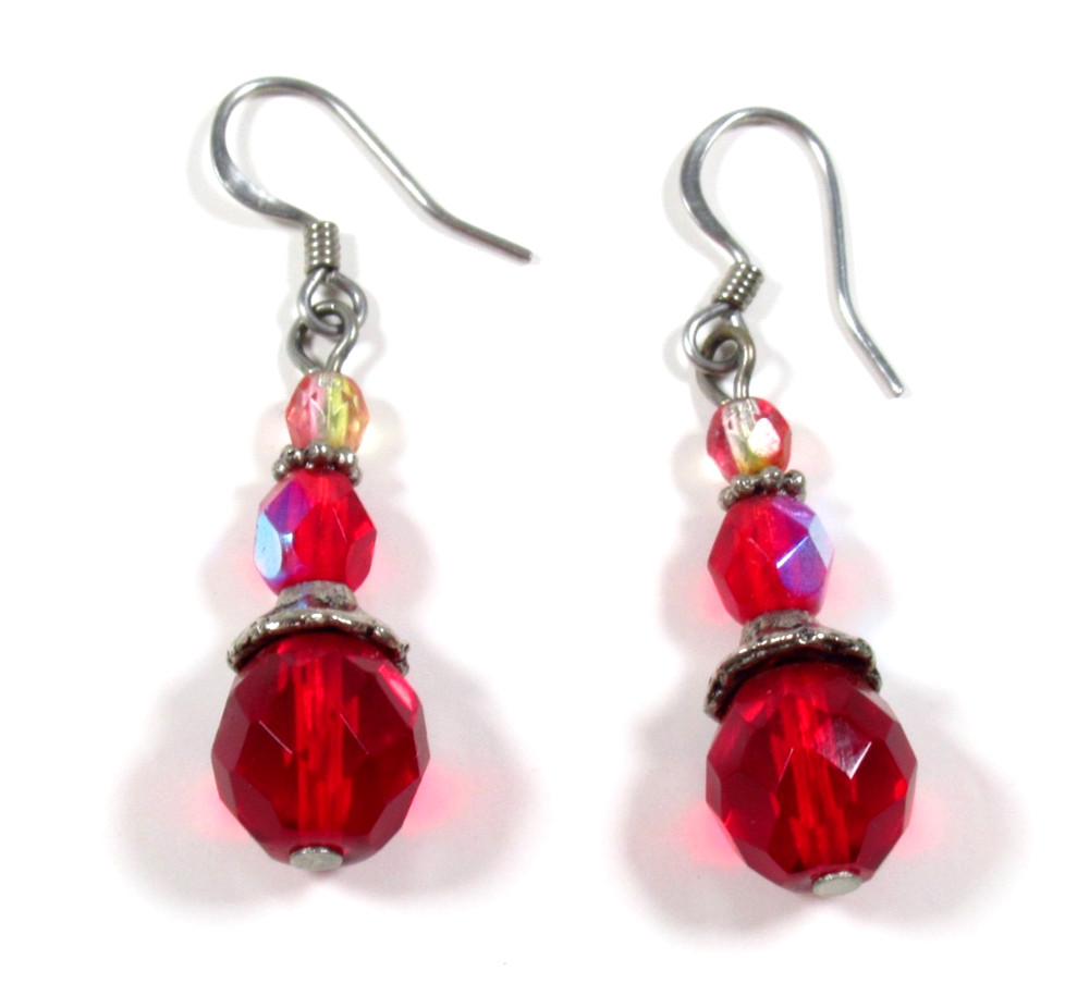 Vintage Red Faceted Bead Dangle Earrings Silver Tone Hook