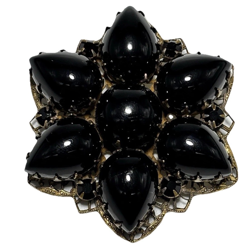 Vintage Brooch Pendant Teardrop Black Glass Cabochons Double Layered 2-1/8″ Long