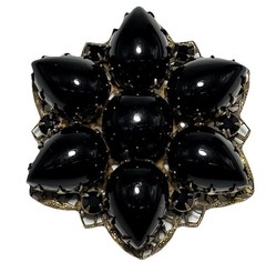 Vintage Brooch Pendant Teardrop Black Glass Cabochons Double Layered 2-1/8″ Long