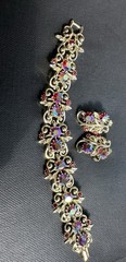 Vintage Gold Coro Red Aura Borealis Bracelet And Clip On Earring Set.