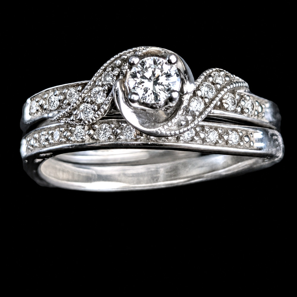 Vintage Ring Set Diamonds 10k White Gold Engagement Ring Wedding Band Retro Gift
