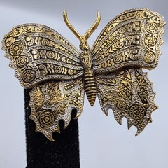 Damascene Butterfly Brooch Pin Spain Gold & Silver Tone Black Enamel 1.75″ READ