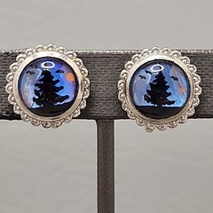 Vintage Blue Morph Butterfly Earrings Screw Back Silver Tone Painted Tree 16mm