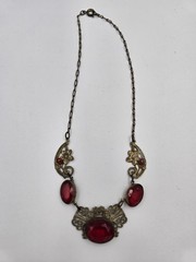 Antique Brass Filigree Necklace Red Glass Stones Art Deco Nouveau Style